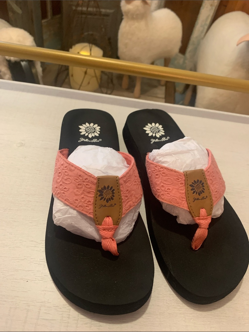 Yellow Box Coral Lace Thong Sandals with Black Footbed
